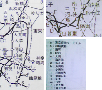 浜川崎駅付近および隅田川駅付近の路線図